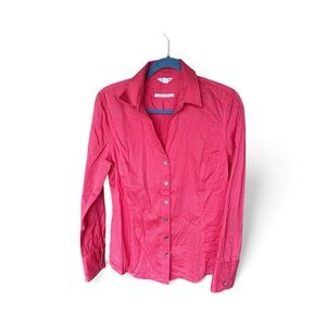 Women's Pink/Salmon office chic casual Button-Up Shirt pin stripped effortless